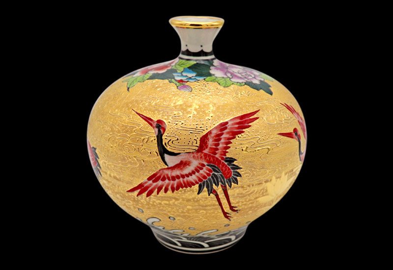 金彩祥鶴梨形瓶