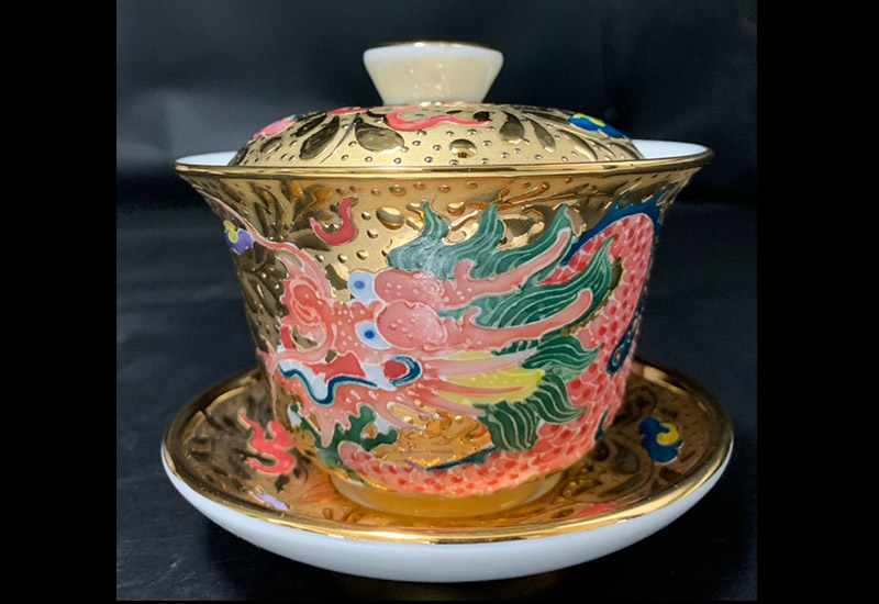 祥龍獻瑞三件杯組(鎏金．彩色)