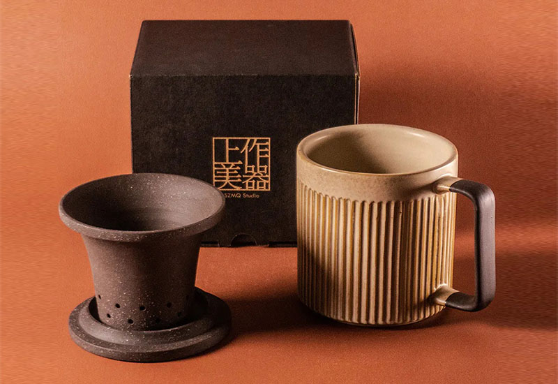 直紋泡茶杯550ml-窯變釉（杯、茶濾內膽、蓋子三件式）