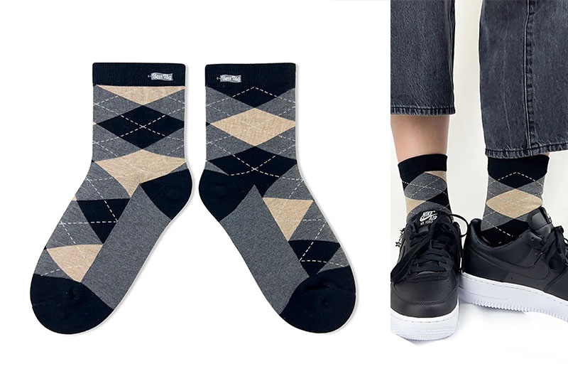 經典菱格紋-灰米棕 厚襪款(2種尺寸) 