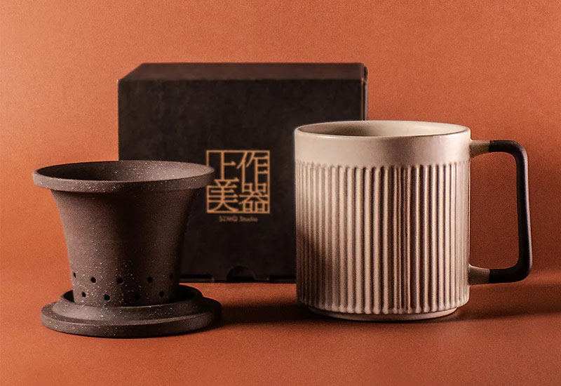 直紋泡茶杯550ml-粉引白（杯、茶濾內膽、蓋子三件式）